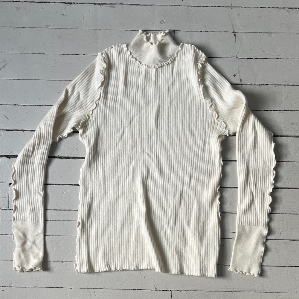 Greylin Cream Ribbed & Ruffled Long Sleeve Turtleneck Top